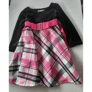 dolly and me 2t pink plaid black dress with rhinestone‎ detail long sleeves